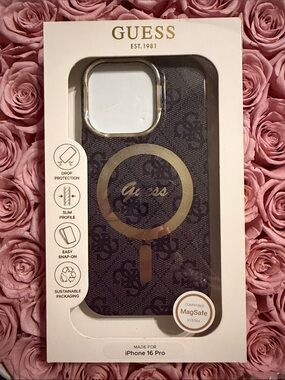 GUESS iPhone 16 Pro Case in Dark Brown with Gold Logo Accent